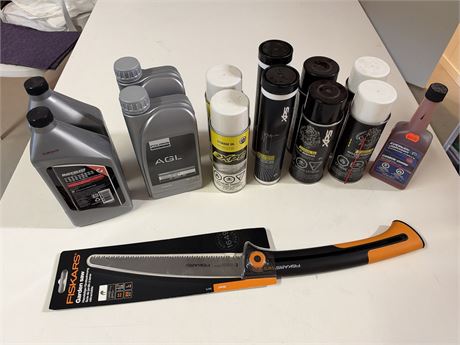 LOT 930 - Vareparti med olje, konserveringsprodukter og Fiskars sag