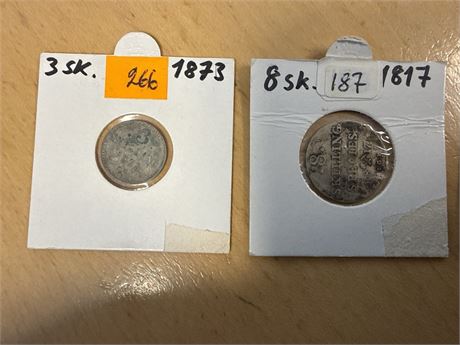 Parti med 5 eldre norske skillingsmynter – 1817–1873